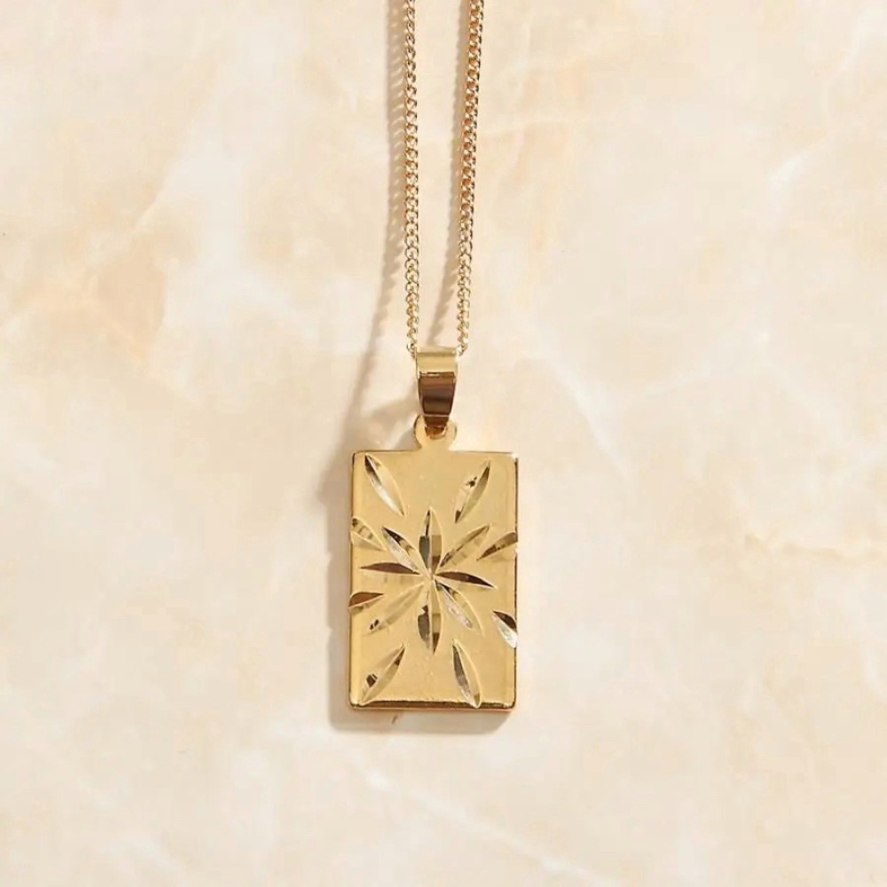 Gold Plated Engraved Square Necklace